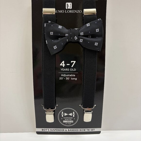Bow Tie and Suspender Set - Boys 4-7 YRS OLD- NWT - Black W/ Silver Squares - Picture 6 of 7